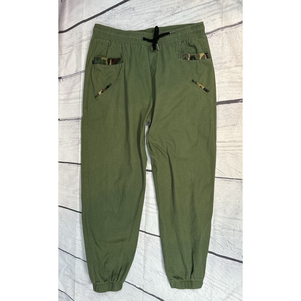 Han Ming Xuan Mens Green Jogger Pants L Drawstring Elastic Waist Camo Pocket